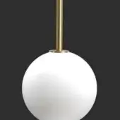 Terzani Abacus pendant light, white glass shade, slender brass stem, minimalist design, geometric spherical form, modern lighting fixture.