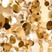 Terzani Argent pendant lamp, gold-plated finish, with layered leaf-like elements and transparent suspension strands creating a reflective, organic form.