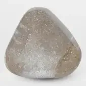 Terzani Mizu Silver Dust Crystal sculpture, translucent gray with silver inclusions, organic rounded form against a light gray backdrop.