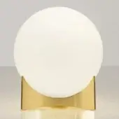 Table lamp, white glass globe, gold plated base, minimalist design, curved metal support, studio lighting, modern geometric form, Terzani Oscar.