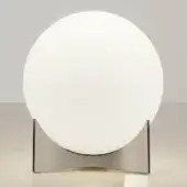 Terzani Oscar table lamp, white glass globe, nickel-plated metal base, minimalist design, angled rectangular supports, reflective surface.