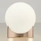 Table lamp, white glass globe, rose gold plated base, curved metal support, minimalist design, reflective gray surface, studio lighting.