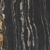 Dark marble texture with vertical striations, beige and golden-brown veins, granular surface, organic pattern—Tonelli design tropical strom.