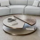 Distinguished Rugiano Moon coffee table with dual-level mottled gray and beige glass and brushed golden-toned metal base