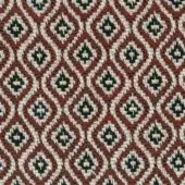 Terracotta geometric fabric sample with diamond motifs, woven texture, off-white and black threads; Varaschin Gemma D172 corallo textile.