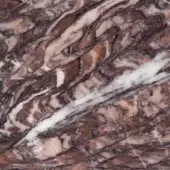 Cipollino Rosso marble texture displaying reddish-brown swirling bands, beige tones, and bright white diagonal veins with a polished finish.