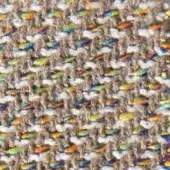 Gray tweed fabric texture with teal, orange, yellow, and blue threads; dense irregular weave, matte finish, sample labeled “adele 15059”.