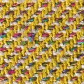 Woven fabric texture, mustard yellow and off-white horizontal bands, with pink, blue, green, and silver threads; matte finish.