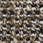 Woven tweed fabric with dark navy, beige, and brown mottled pattern; dense irregular weave with nubby yarn clusters and textural variations.