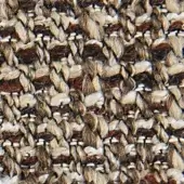 Woven fabric texture, off-white and brown heathered tones, chunky irregular weave with horizontal reddish-brown bands and raised nubby surface.