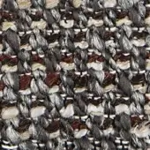 Woven tweed fabric sample, gray, beige, reddish-brown, with irregular nubby texture and white thread accents; label reads "berfort 18013".
