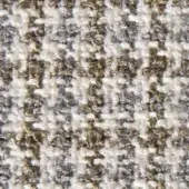Glen plaid fabric texture, off-white and light gray wool blend, with brown and gold flecks, dense weave, irregular pile, verzelloni collection.