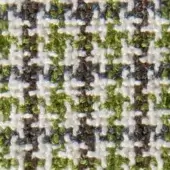 Glen plaid fabric texture, off-white, olive green, and dark gray woven check pattern, dense tight weave with subtle sheen, verzelloni collection.