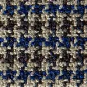 Glen plaid fabric texture with deep blue, gray, and beige woven twill; dense, nubby surface creates a traditional, complex pattern.