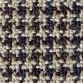 Glen plaid woven fabric, off-white, navy, and plum twill with a nubby texture and subtle sheen, exhibiting an irregular check pattern.