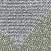 Fabric texture sample with gray ribbed and muted olive-green granular weaves, diagonally divided with matte finish and printed label.