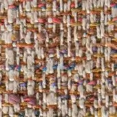 Woven tweed fabric texture, muted gray with brown, gold, red & blue threads, nubby bouclé weave, durable construction for upholstery.