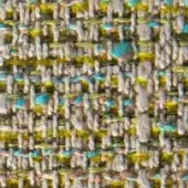 Woven fabric texture, muted gray with yellow and turquoise accents, irregular pattern with raised nubby surface and subtle sheen.