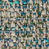 Woven fabric texture, beige and multi-colored tweed, irregular pattern with teal, blue, orange, green, and purple weft threads, substantial weight.