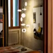 Distinguished Penta Mami floor to ceiling lamp with slender metal and refined blown white glass shades in brushed bronze finish