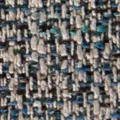 Teal and beige tweed fabric texture with speckled pattern, irregular weave, and charcoal gray threads, suggesting a durable, matte woolen blend.
