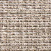 Woven textile sample featuring horizontal stripes in beige, brown, and gray jute fiber with a nubby texture and flecked pattern.