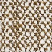 Woven tweed fabric texture, off-white and golden-brown horizontal stripes, dense nubby fibers, verzelloni fabric sample detail.