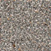 Gray and tan tweed fabric texture with a dense, irregular weave and short fibers, displaying a mottled surface with circular yarn variations.