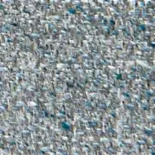 Woven textile with irregular gray and blue fiber pattern, displaying embedded text “verzelloni,” “fabric,” “liam,” and a granular texture.