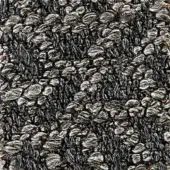 Woven fabric texture in gray and silver tones features an irregular, pebble-like pattern with visible knots and looped pile construction; “mevis 19035” text.