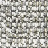 Woven tweed fabric texture, white, gray, and beige tonal pattern, dense irregular grid with nubby yarns, “Zambesi 17014” verzelloni collection.
