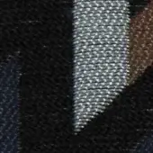 Verzelloni fabric swatch displaying a vertically ridged pattern in black, brown, and silver-grey, labeled “Atena 20023” with textured granular areas.