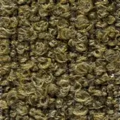 Textured fabric surface in olive green and brown tones, displaying a dense, coiled fibrous pattern with integrated material labels.
