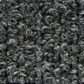 Dark gray looped pile fabric with crimped texture, tightly coiled fibers, and subtle tonal variations; sample displays “calvin 22031” text.
