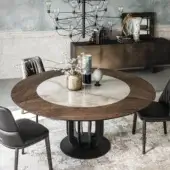 Elegant Cattelan Italia Soho Ker-Wood table with glossy Golden Calacatta ceramic Marmi and black embossed lacquered steel base