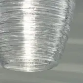 Ridged glass pendant light, transparent cylindrical shape, horizontal lines, reflective surface, neutral gray background studio shot.