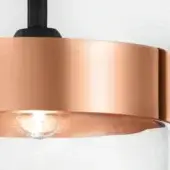 Vistosi pendant light, copper metal shade, layered design with clear glass globe and vintage filament bulb, black cylindrical stem.
