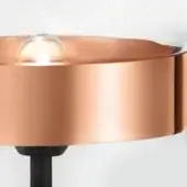 Vistosi Futur CRRA LT pendant light, clear glass globe, polished copper band, vintage Edison bulb, black cylindrical support, warm glow.