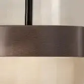 Pendant light, translucent white glass and dark brown wood veneer, layered cylindrical sections suspended from a black rod.