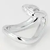 Silver metal sculpture, looping form, polished reflective surface, abstract serpent design, white background, diffused lighting.