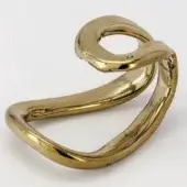 Brass sculpture, continuous loop form, asymmetrical design, brushed golden finish, textured metal, warm tones, studio lighting.