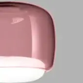 Glass pendant light, rose pink to blush gradient, with a white band encircling the lower sphere and a reflective glossy finish.