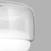 Vistosi Jube CRBC glass fixture, clear rounded form, bulbous top, circular base, hand-blown texture, smooth transparent surface, light gray background.