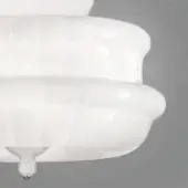 Vistosi chandelier, white glass, three-tiered rounded forms with subtle texture and polished metal teardrop detail, studio lighting.