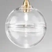 Glass pendant light, clear with horizontal ridges, and gold brass fitting featuring layered metalwork, modern minimalist design.