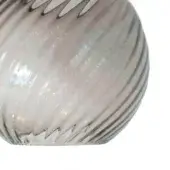 Vistosi Oto Furi vase, ribbed glass, lavender-grey iridescent swirl, dark grey feather band, scalloped base, bulbous shape.