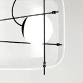 Pendant light, white glass globe, black metal cage, minimalist design, geometric framework, intersecting lines, studio product shot.