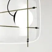Vistosi Plot Crot pendant light, translucent white glass, amorphous shade with brass metal framework and central opaque white globe.