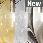Marble glass pendant lights with cylindrical shades, brushed metal fixtures, yellow/amber, gray/white, & gray/silver swirling patterns; "New" text overlay.