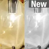 Vistosi Puppe MC2 glass lamp, amber glass shade, chrome fixture, before-and-after restoration, bright warm light, studio shot.